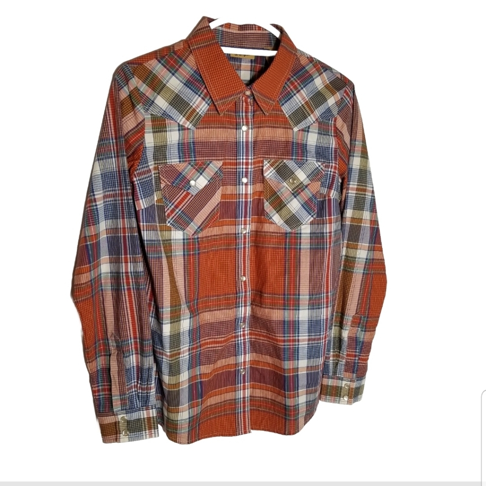 Wrangler Shirt Women's Small Orange Green Blue Plaid Pearl Snap Western Rodeo.